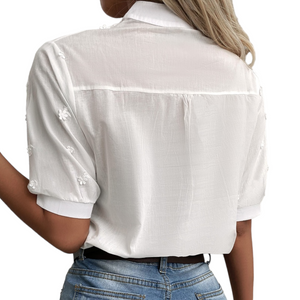 Elegant V-neck Short Sleeve White Embroidered Top