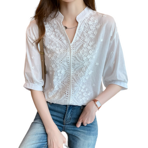 Elegant V-neck Short Sleeve White Embroidered Top