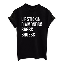 Load image into Gallery viewer, Lipstick, Diamonds Bags Shoes Print Casual Tshirt. Available in 3 Colours