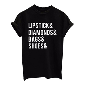 Lipstick, Diamonds Bags Shoes Print Casual Tshirt. Available in 3 Colours